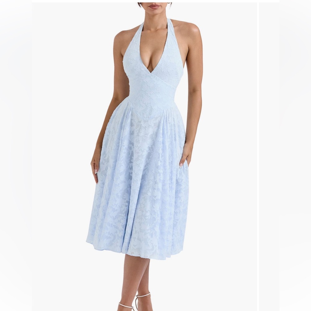 House of CB ARIETTA Floral Jacquard Plunge Halter Neck Dress